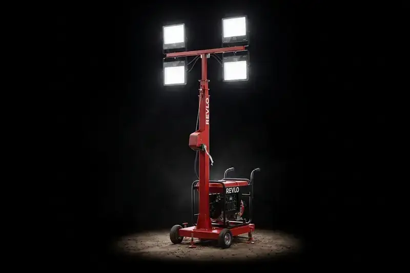 Torre de iluminação Revlo RV 2400 acesa à noite